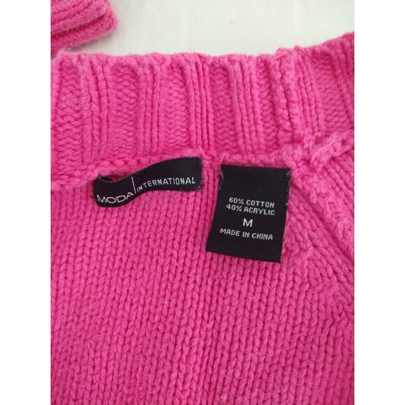 VTG Moda Intl Sweater size Med PINK Med Cable Fisherman Cardigan chore pockets - Picture 7 of 13